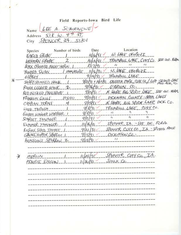 List of birds and locations contributed by Lee A. Schoenewe. This item was used as supporting documentation for the Iowa Ornithologists' Union Quarterly field report of fall 1991.