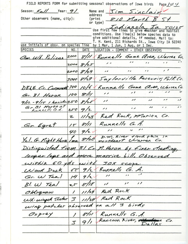 List of birds and locations contributed by Jim Sinclair. This item was used as supporting documentation for the Iowa Ornithologists' Union Quarterly field report of fall 1991.