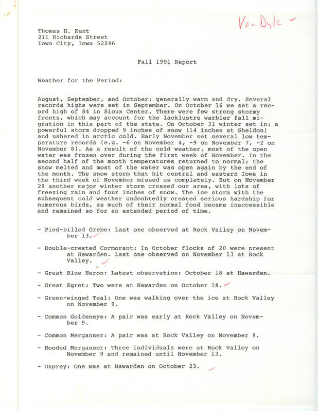 Field notes contributed by John Van Dyk in a letter to Thomas H. Kent. The field notes include a detailed description of the Prairie Falcon. This item was used as supporting documentation for the Iowa Ornithologists' Union Quarterly field report of fall 1991.