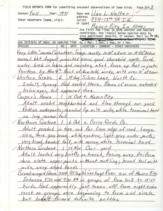 List of birds and locations contributed by Jan L. Walter. The field notes include a detailed description of the Swainson's Hawk and the American Kestrel. This item was used as supporting documentation for the Iowa Ornithologists' Union Quarterly field report of fall 1991.