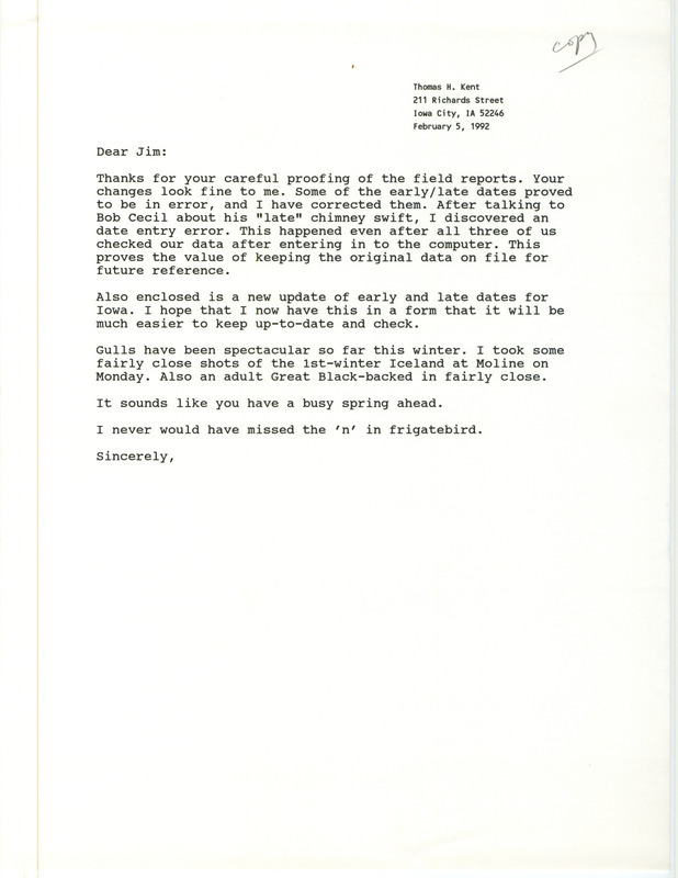 Thomas H. Kent letter to James L. Fuller regarding editing the field reports of fall 1991. This item was used as supporting documentation for the Iowa Ornithologists' Union Quarterly field report of fall 1991.