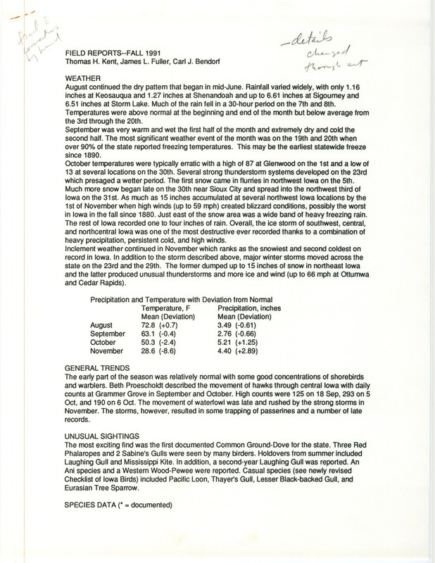 Quarterly field report for the fall of 1991 titled "Field Reports--fall 1991."