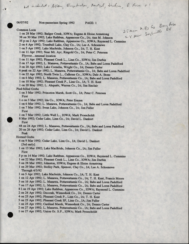 List of birds and locations contributed by the Iowa Ornithologists' Union. This item was used as supporting documentation for the Iowa Ornithologists' Union Quarterly field report of spring 1992.