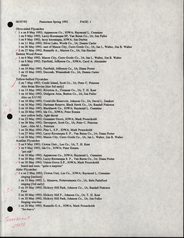 List of birds and locations contributed by the Iowa Ornithologists' Union. This item was used as supporting documentation for the Iowa Ornithologists' Union Quarterly field report of spring 1992.