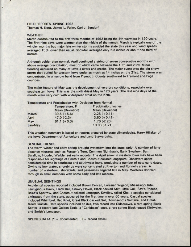 Quarterly field report for the spring of 1992 titled "Field Reports--spring 1992."