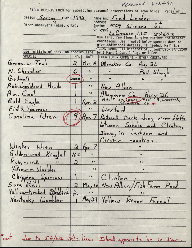 List of birds and locations contributed by Fred Lesher. This item was used as supporting documentation for the Iowa Ornithologists' Union Quarterly field report of spring 1992.