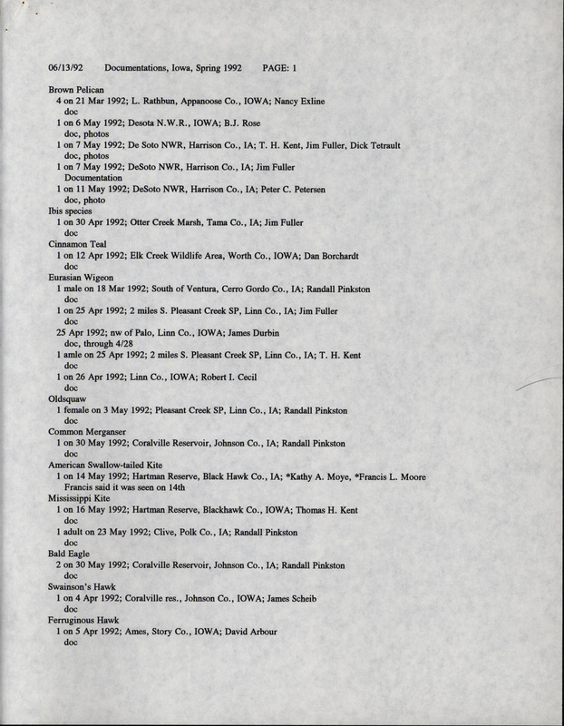 List of birds and locations contributed by the Iowa Ornithologists' Union. This item was used as supporting documentation for the Iowa Ornithologists' Union Quarterly field report of spring 1992.