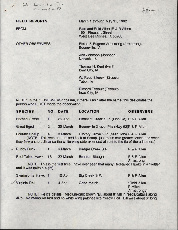 List of birds and locations contributed by Pam Allen and Reid I. Allen with observers Eloise Armstrong, Eugene Armstrong, Ann Johnson, Thomas H. Kent and others. This item was used as supporting documentation for the Iowa Ornithologists' Union Quarterly field report of spring 1992.