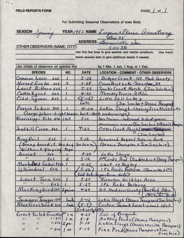 List of birds and locations contributed by Eloise Armstrong and Eugene Armstrong with observers Jim Sinclair, Dennis Thompson, Reid I. Allen, Pam Allen and others. This item was used as supporting documentation for the Iowa Ornithologists' Union Quarterly field report of spring 1992.