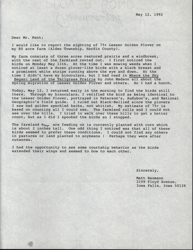 Field notes contributed by Matt Baumann. The field notes include detailed information on the sighting of several American Golden-Plovers near Alden Township in Hardin county. This item was used as supporting documentation for the Iowa Ornithologists' Union Quarterly field report of spring 1992.