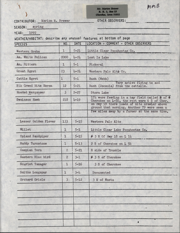 List of birds and locations contributed by Marion M. Brewer. This item was used as supporting documentation for the Iowa Ornithologists' Union Quarterly field report of spring 1992.