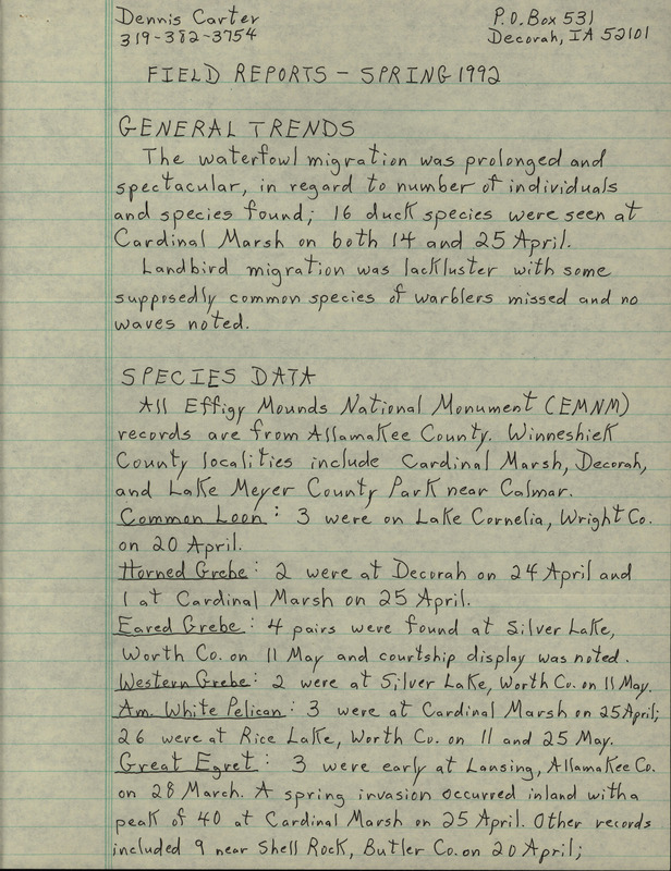 List of birds and locations contributed by Dennis L. Carter. This item was used as supporting documentation for the Iowa Ornithologists' Union Quarterly field report of spring 1992.