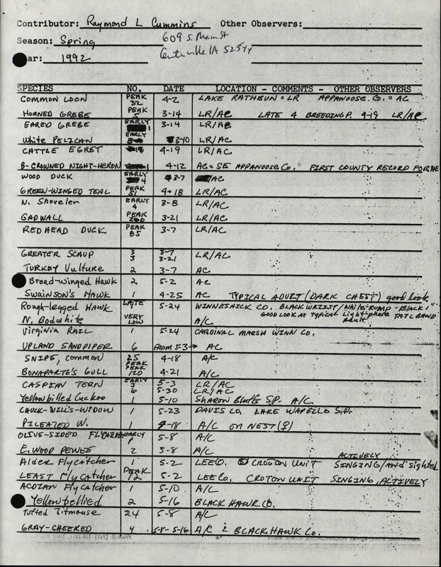 List of birds and locations contributed by Raymond L. Cummins. This item was used as supporting documentation for the Iowa Ornithologists' Union Quarterly field report of spring 1992.