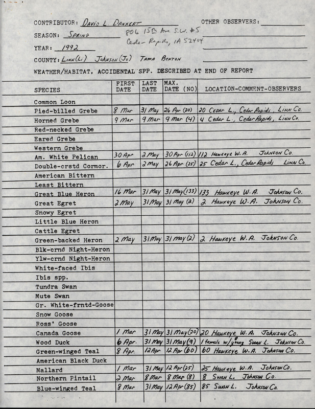 List of birds and locations contributed by David L. Dankert. This item was used as supporting documentation for the Iowa Ornithologists' Union Quarterly field report of spring 1992.