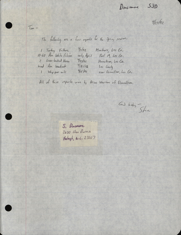 Field notes contributed by Stephen J. Dinsmore in a letter to Thomas H. Kent. The bird sightings were observed by Brian Warson. This item was used as supporting documentation for the Iowa Ornithologists' Union Quarterly field report of spring 1992.