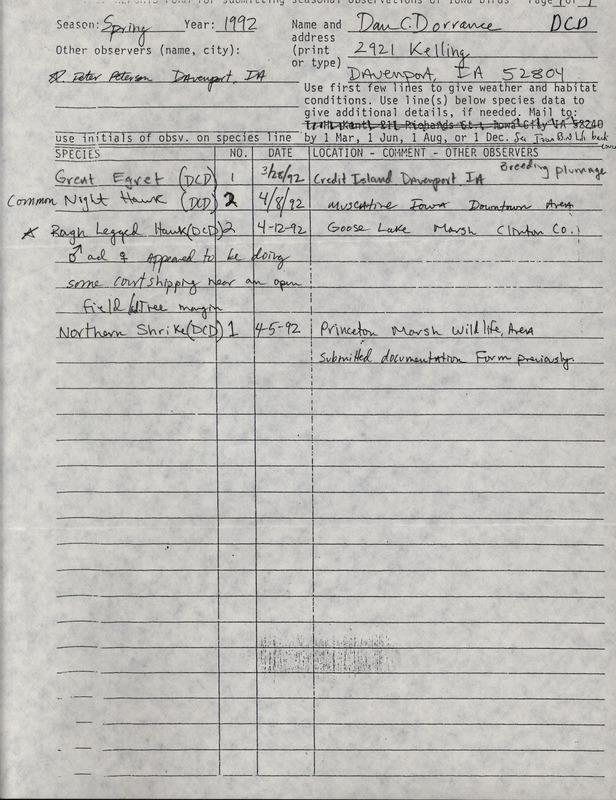 List of birds and locations contributed by Dan Dorrance with observer Peter C. Petersen. This item was used as supporting documentation for the Iowa Ornithologists' Union Quarterly field report of spring 1992.