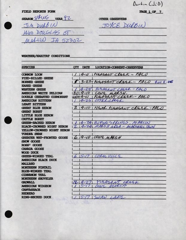 List of birds and locations contributed by James O. Durbin with observer Joyce Durbin. This item was used as supporting documentation for the Iowa Ornithologists' Union Quarterly field report of spring 1992.