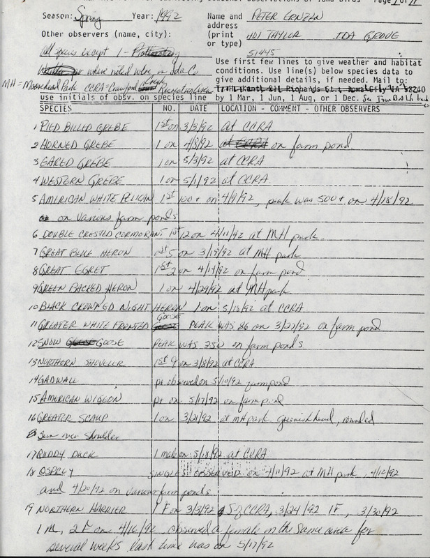 List of birds and locations contributed by Peter Ernzen. This item was used as supporting documentation for the Iowa Ornithologists' Union Quarterly field report of spring 1992.