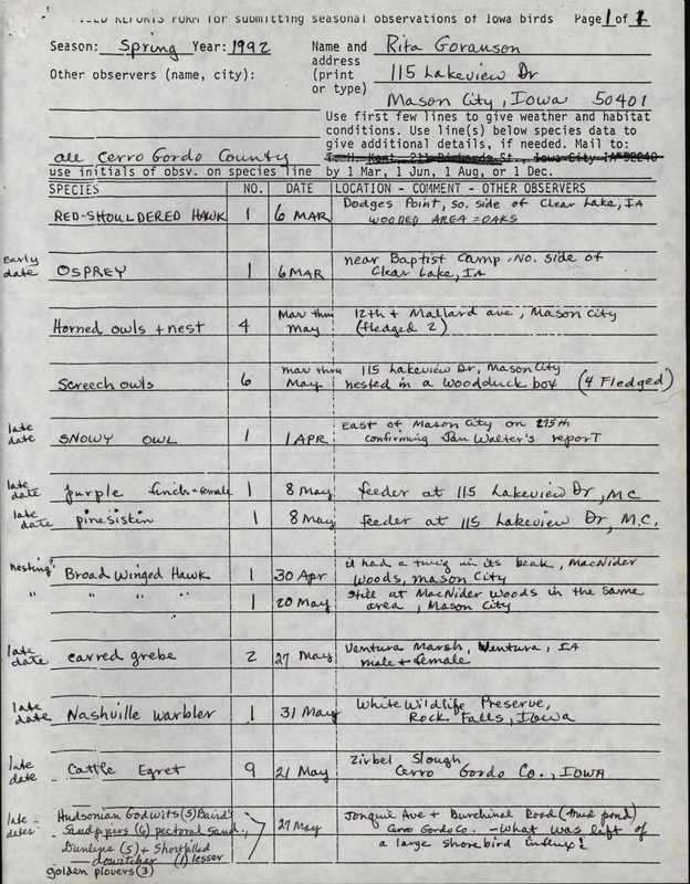 List of birds and locations contributed by Rita Goranson. This item was used as supporting documentation for the Iowa Ornithologists' Union Quarterly field report of spring 1992.