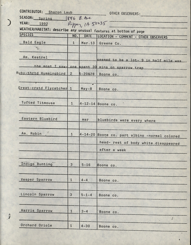 List of birds and locations contributed by Sharon Laub. This item was used as supporting documentation for the Iowa Ornithologists' Union Quarterly field report of spring 1992.