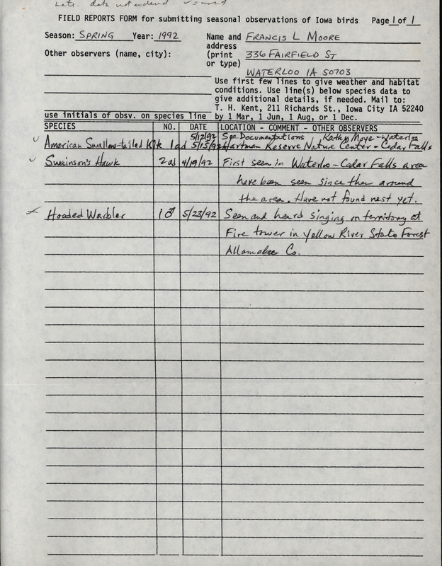 List of birds and locations contributed by Francis L. Moore. This item was submitted past the deadline for the Iowa Ornithologists' Union Quarterly Report of spring 1992.