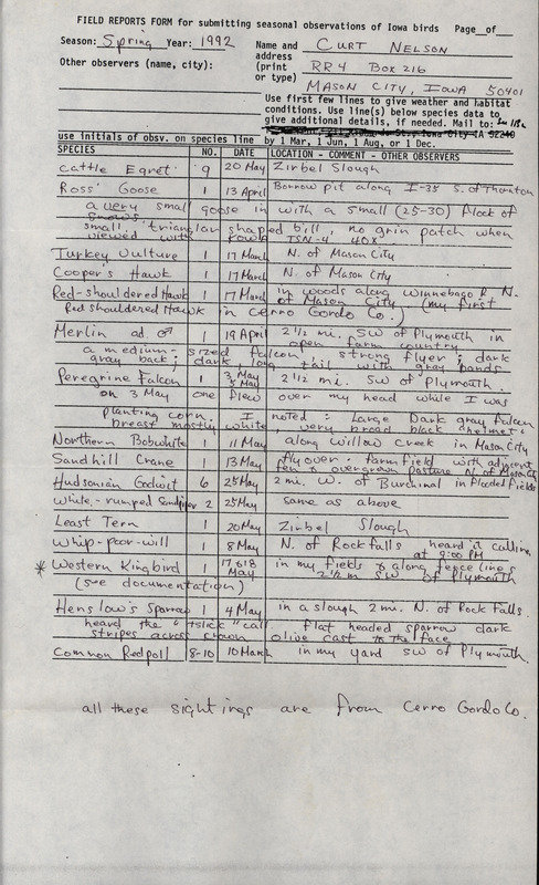 List of birds and locations contributed by Curtis Nelson. This item was used as supporting documentation for the Iowa Ornithologists' Union Quarterly field report of spring 1992.