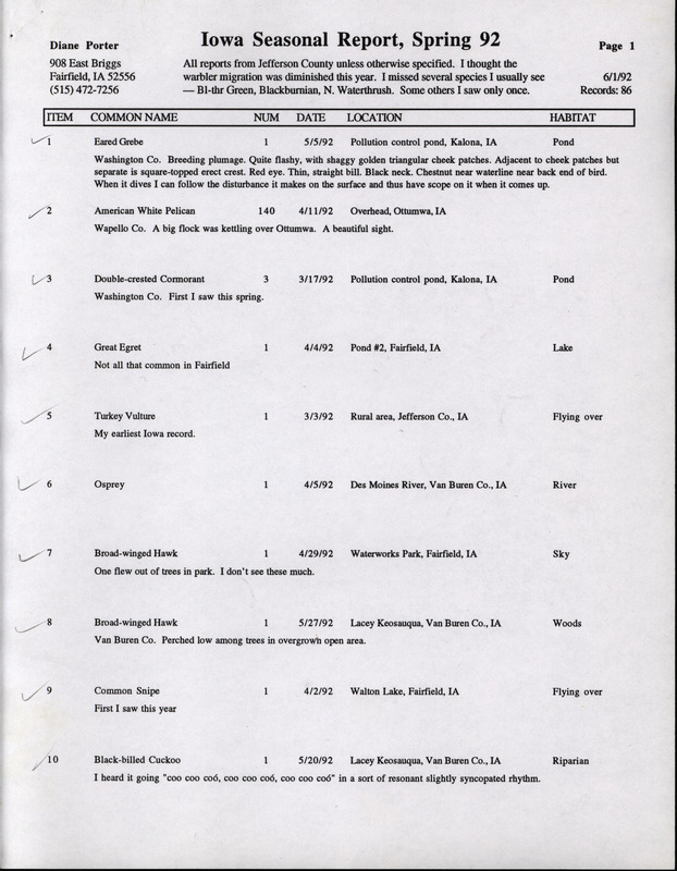 List of birds and locations contributed by Diane C. Porter. This item was used as supporting documentation for the Iowa Ornithologists' Union Quarterly field report of spring 1992.