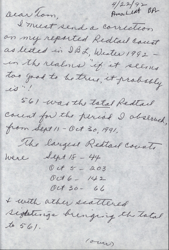 A letter from Beth Proescholdt to Thomas H. Kent regarding a correction to her Red-tailed Hawk County for winter 1992. This item was used as supporting documentation for the Iowa Ornithologists' Union Quarterly field report of spring 1992.