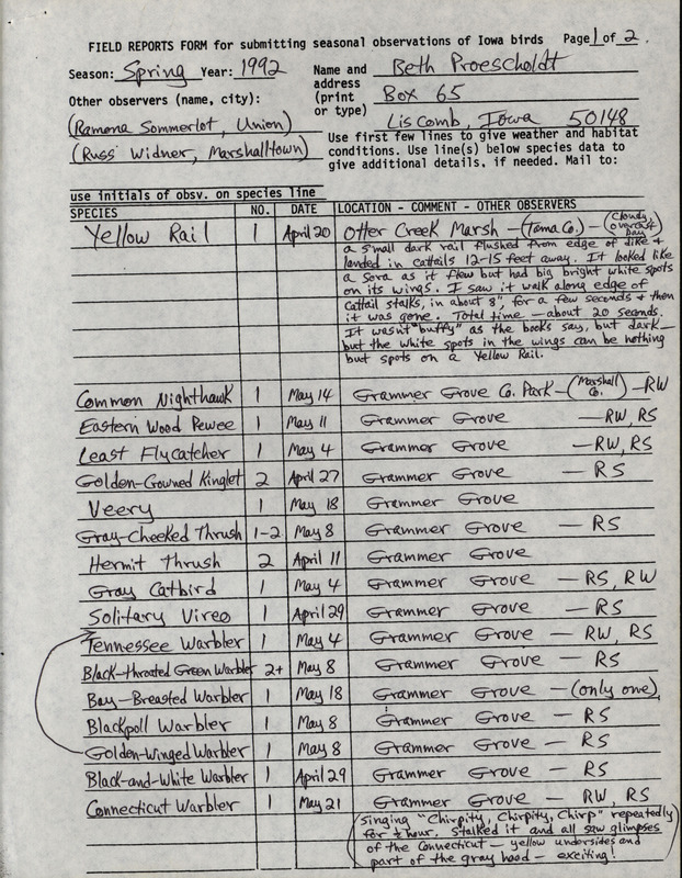 List of birds and locations contributed by Beth Proescholdt with observers Ramona R. Sommerlot and Russ Widner. This item was used as supporting documentation for the Iowa Ornithologists' Union Quarterly field report of spring 1992.