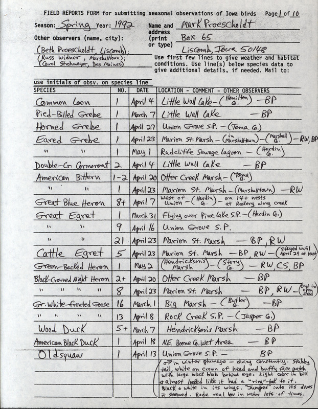 List of birds and locations contributed by Mark Proescholdt with observers Beth Proescholdt, Russ Widner, Carol Strohmeyer, Ann Johnson and others. This item was used as supporting documentation for the Iowa Ornithologists' Union Quarterly field report of spring 1992.