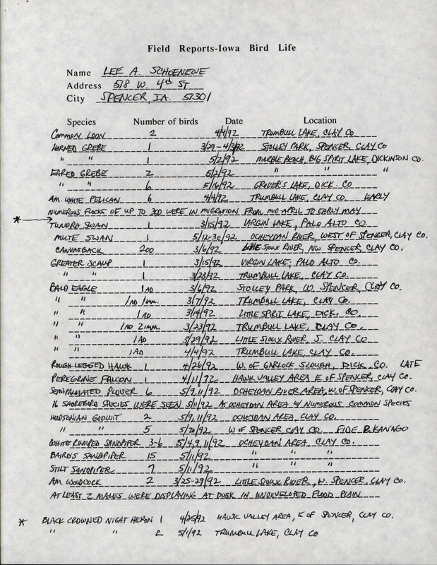 List of birds and locations contributed by Lee A. Schoenewe. This item was used as supporting documentation for the Iowa Ornithologists' Union Quarterly field report of spring 1992.