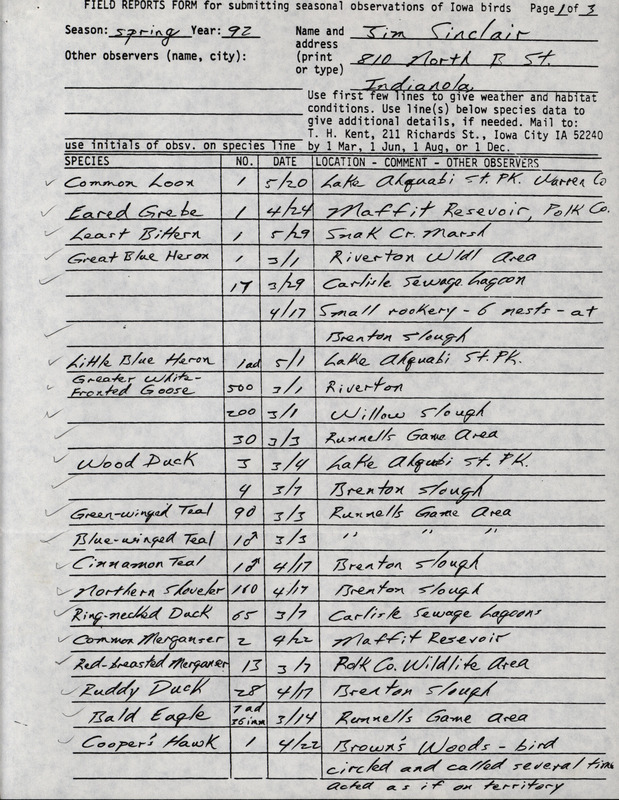 List of birds and locations contributed by Jim Sinclair. This item was used as supporting documentation for the Iowa Ornithologists' Union Quarterly field report of spring 1992.