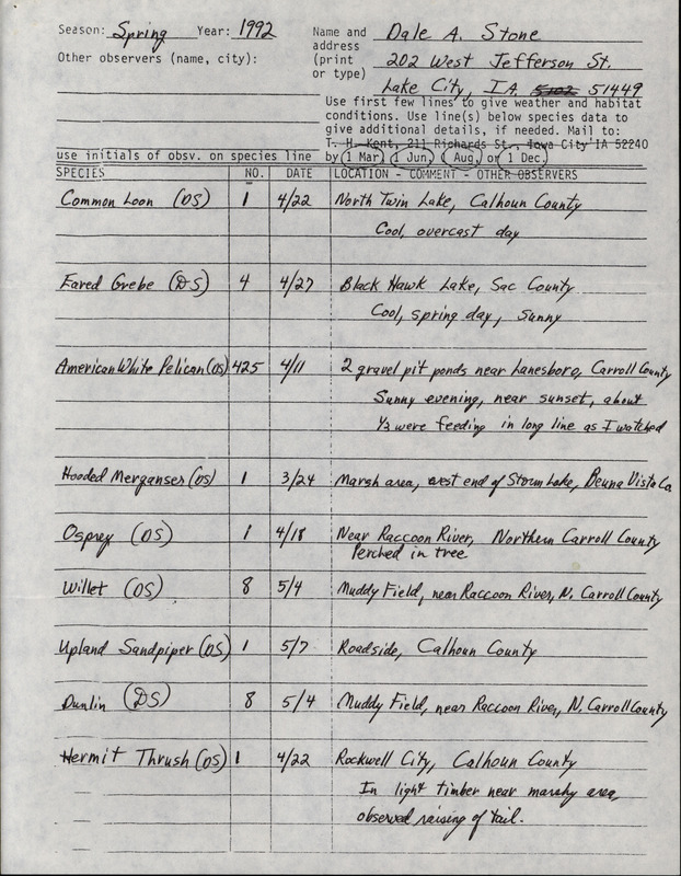 List of birds and locations contributed by Dale Stone. This item was used as supporting documentation for the Iowa Ornithologists' Union Quarterly field report of spring 1992.