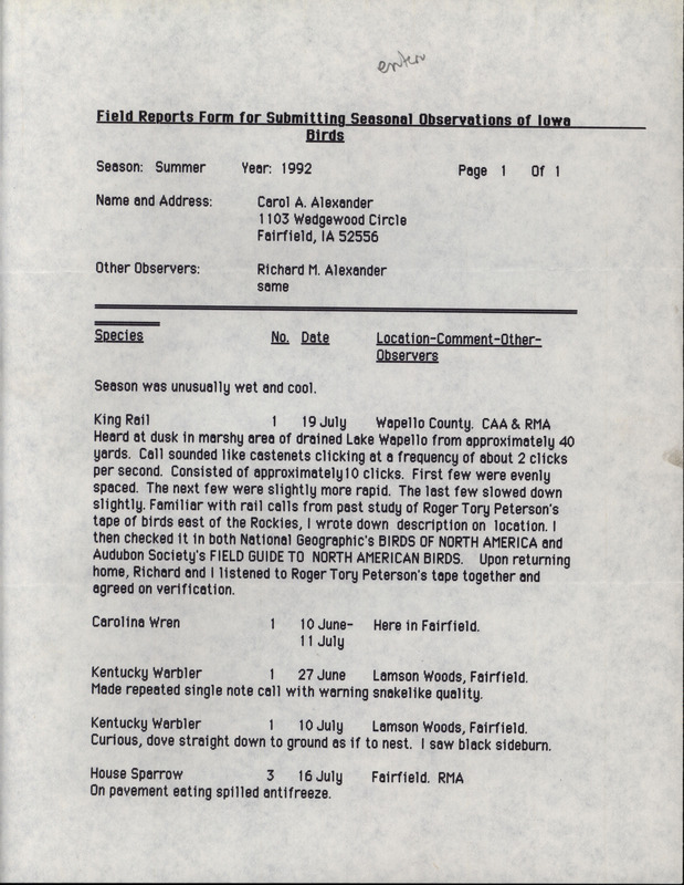 Summer report of birds contributed by Carol Ann Alexander. This item was used as supporting documentation for the Iowa Ornithologists' Union Quarterly field report of summer 1992.