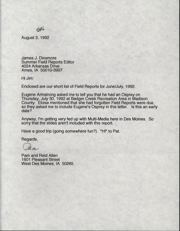 Letter from Pam Allen and Reid I. Allen to James J. Dinsmore regarding summer bird sightings, August 3, 1992. This item was used as supporting documentation for the Iowa Ornithologists' Union Quarterly field report of summer 1992.