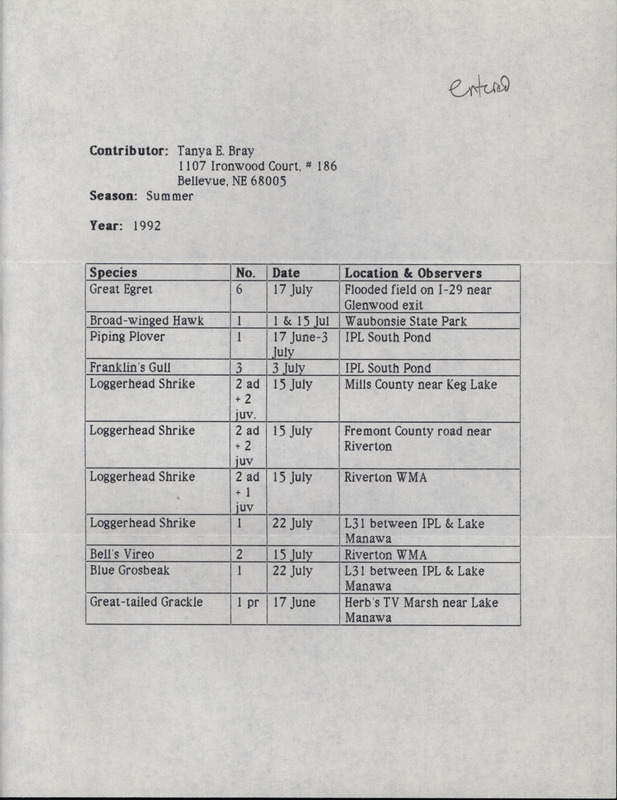 Summer report of birds found in western Iowa contributed by Tanya Bray. This item was used as supporting documentation for the Iowa Ornithologists' Union Quarterly field report of summer 1992.