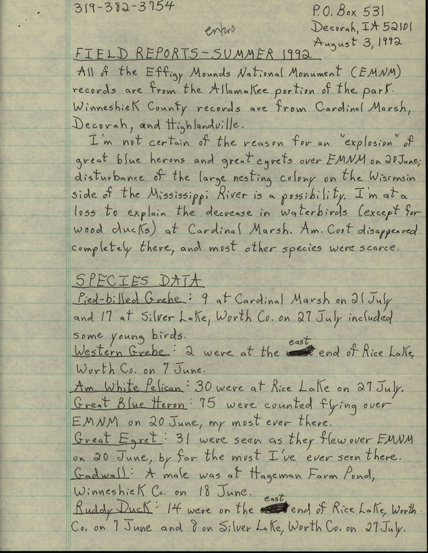 Summer report of birds and locations contributed by Dennis L. Carter. This item was used as supporting documentation for the Iowa Ornithologists' Union Quarterly field report of summer 1992.