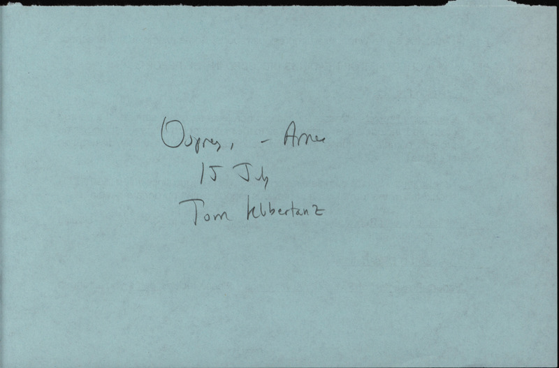 Summer report of an Osprey sighting found in Ames contributed by Tom Klubertanz. This item was used as supporting documentation for the Iowa Ornithologists' Union Quarterly field report of summer 1992.