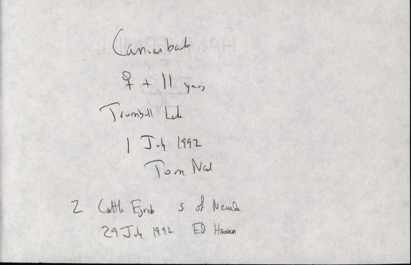 Summer report of a Canvasback sighting contributed by Tom Neal and a Cattle Egret sighting contributed by Ed Havens. This item was used as supporting documentation for the Iowa Ornithologists' Union Quarterly field report of summer 1992.