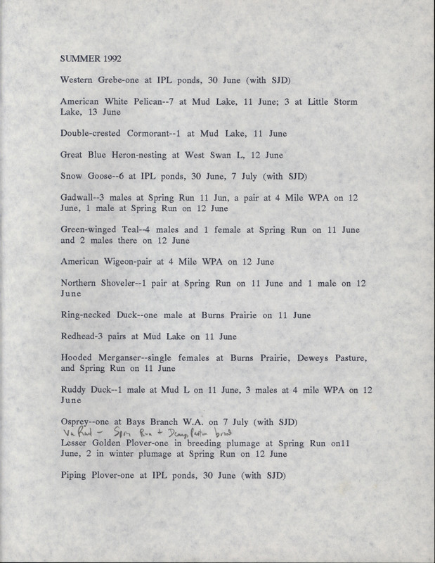 Summer report of birds and locations contributed by James J. Dinsmore. This item was used as supporting documentation for the Iowa Ornithologists' Union Quarterly field report of summer 1992.