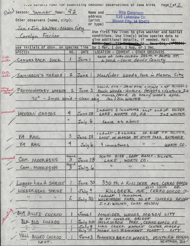 Summer report of birds found in northern Iowa contributed by Rita Goranson. This item was used as supporting documentation for the Iowa Ornithologists' Union Quarterly field report of summer 1992.