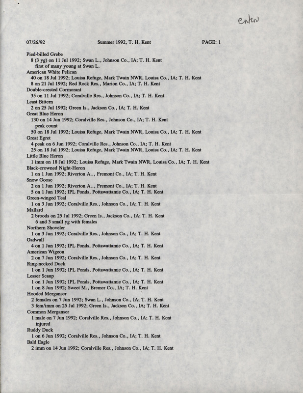 Summer report of birds and locations contributed by Thomas H. Kent. This item was used as supporting documentation for the Iowa Ornithologists' Union Quarterly field report of summer 1992.