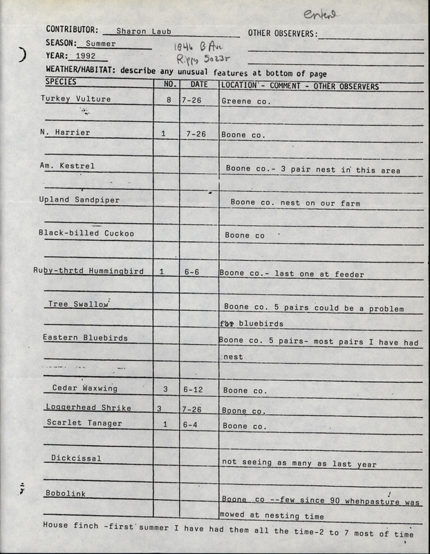 Summer report of birds found in Boone County and Greene County contributed by Sharon Laub. This item was used as supporting documentation for the Iowa Ornithologists' Union Quarterly field report of summer 1992.