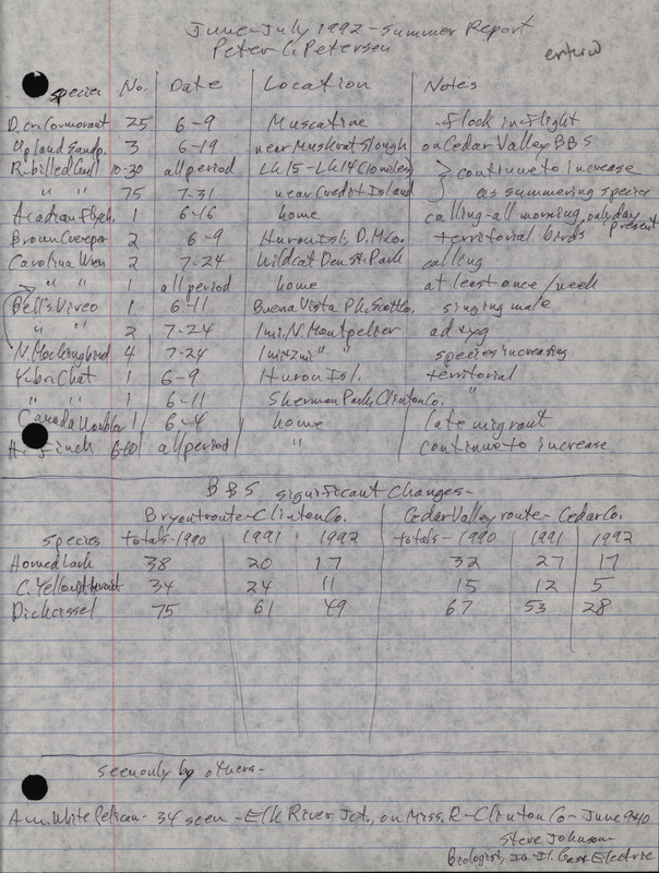 Summer report of birds found in eastern Iowa contributed by Peter C. Petersen. This item was used as supporting documentation for the Iowa Ornithologists' Union Quarterly field report of summer 1992.