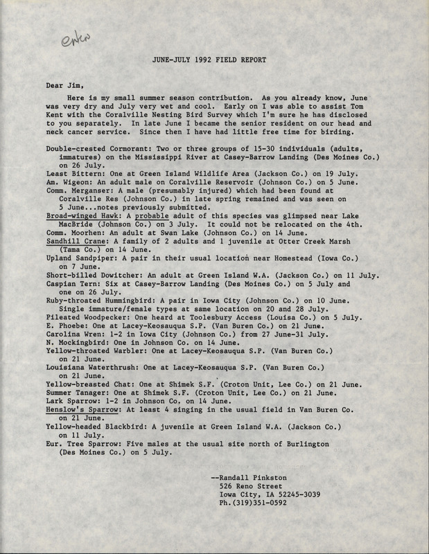 Letter from Randall Pinkston to James J. Dinsmore regarding summer bird sightings. This item was used as supporting documentation for the Iowa Ornithologists' Union Quarterly field report of summer 1992.