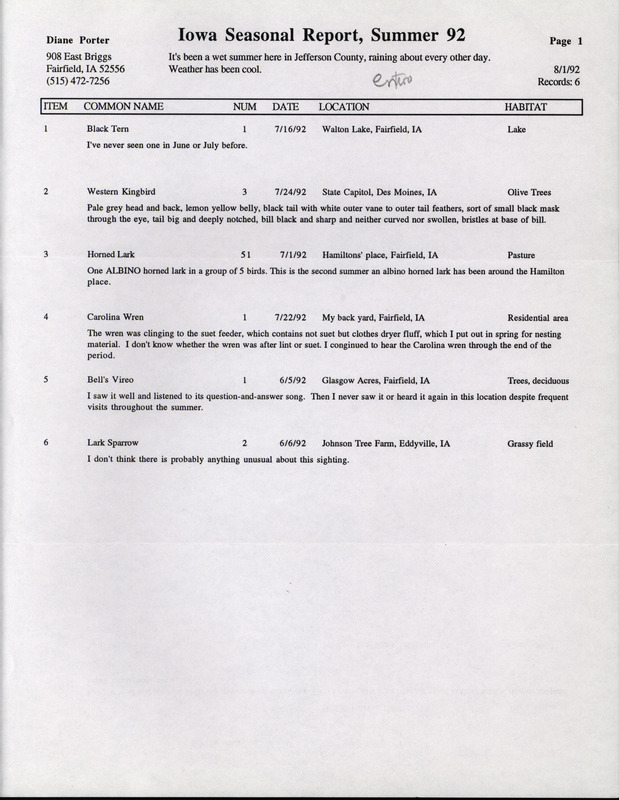 Summer report of birds and locations contributed by Diane C. Porter, August 1, 1992. This item was used as supporting documentation for the Iowa Ornithologists' Union Quarterly field report of summer 1992.