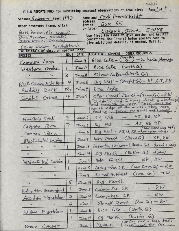 Summer report of birds and locations contributed by Mark Proescholdt. This item was used as supporting documentation for the Iowa Ornithologists' Union Quarterly field report of summer 1992.