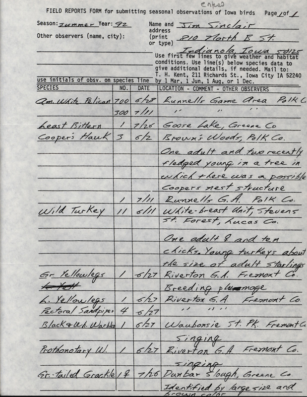 Summer report of birds and locations contributed by Jim Sinclair. This item was used as supporting documentation for the Iowa Ornithologists' Union Quarterly field report of summer 1992.