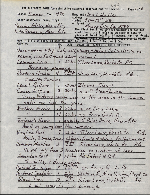 Summer report of birds found in northern Iowa contributed by Jan L. Walter. Also includes details of a Philadelphia Vireo sighting. This item was used as supporting documentation for the Iowa Ornithologists' Union Quarterly field report of summer 1992.