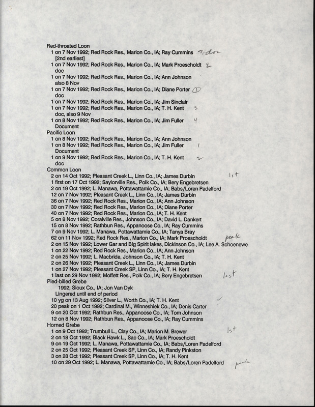 An annotated list of bird sightings organized by species, December 11, 1992. The list also contains the number of birds seen, date of sighting, location, and observer of each species. This item was used as supporting documentation for the Iowa Ornithologists' Union Quarterly field report of fall 1992.